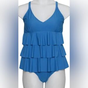 Nicole Miller Three-Tier Ruffle Tankini 2 Piece Swim Set in Caribbean Blue